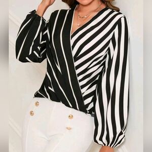 Black & White striped color block faux wrap spring blouse